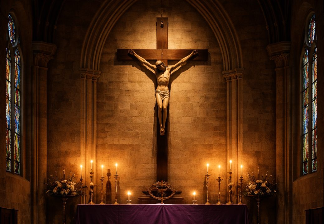 A candlelit Good Friday liturgy inside a stone church, with congregants gathered in prayer